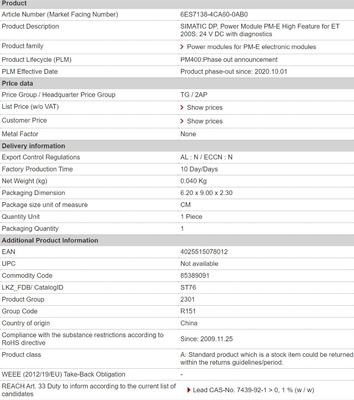 Termine di pagamento T/T 6ES71384CA600AB0 Modulo di alimentazione PM-E caratteristica elevata per ET 200S 24 V DC