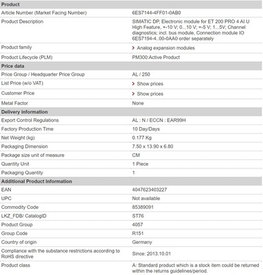 100% originale 6ES7144-4FF01-0AB0 ET 200 PRO 4 AI U Diagnostica di canale ad alta funzionalità