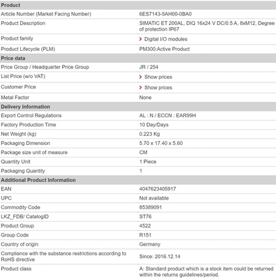 6ES7143-5AH00-0BA0 DIQ 16x24 V DC/0,5 A IP67 Siemens ET 200AL Modulo di connessione con 1