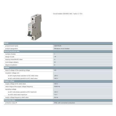 Siemens 5SN6110-7CN 230/400V 6kA 1-pole C 10 A interruttore di circuito Peso netto kg 0,261 Kg