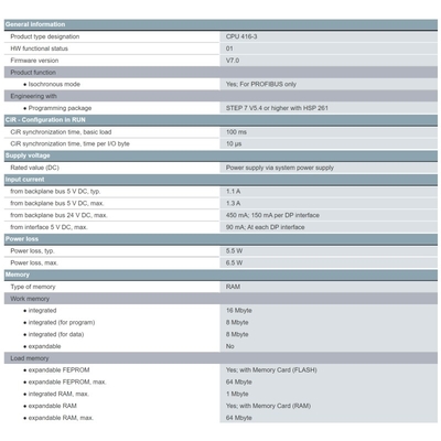 6ES7416-3XS07-0AB0 SIMATIC S7-400 CPU 416-3 Con 16 MB di memoria di lavoro e 3 interfacce