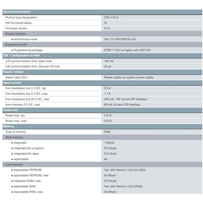 6ES7412-2XK07-0AB0 Imballaggio originale SIMATIC S7-400 CPU 412-2 con memoria di lavoro da 1 MB